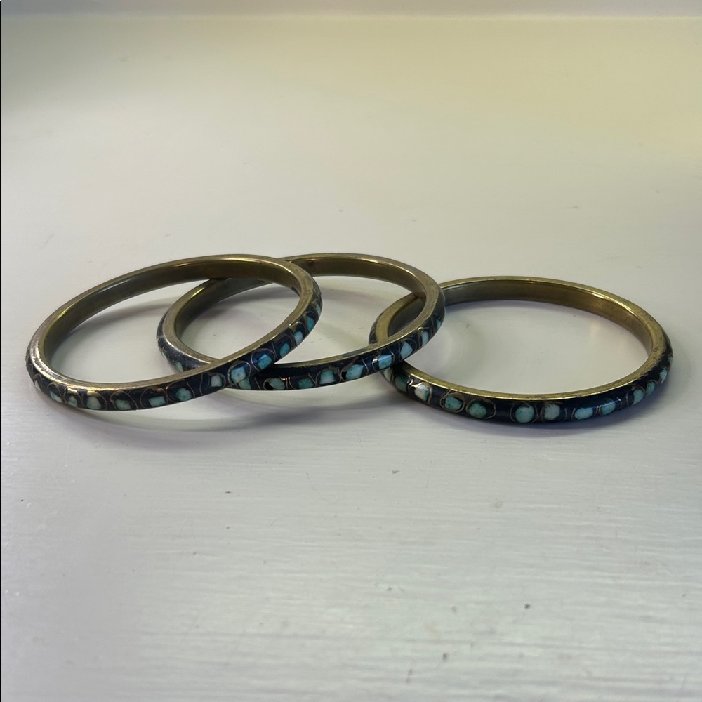 Turquoise Dot Inlay Brass Bangle Bracelet - Set of 3